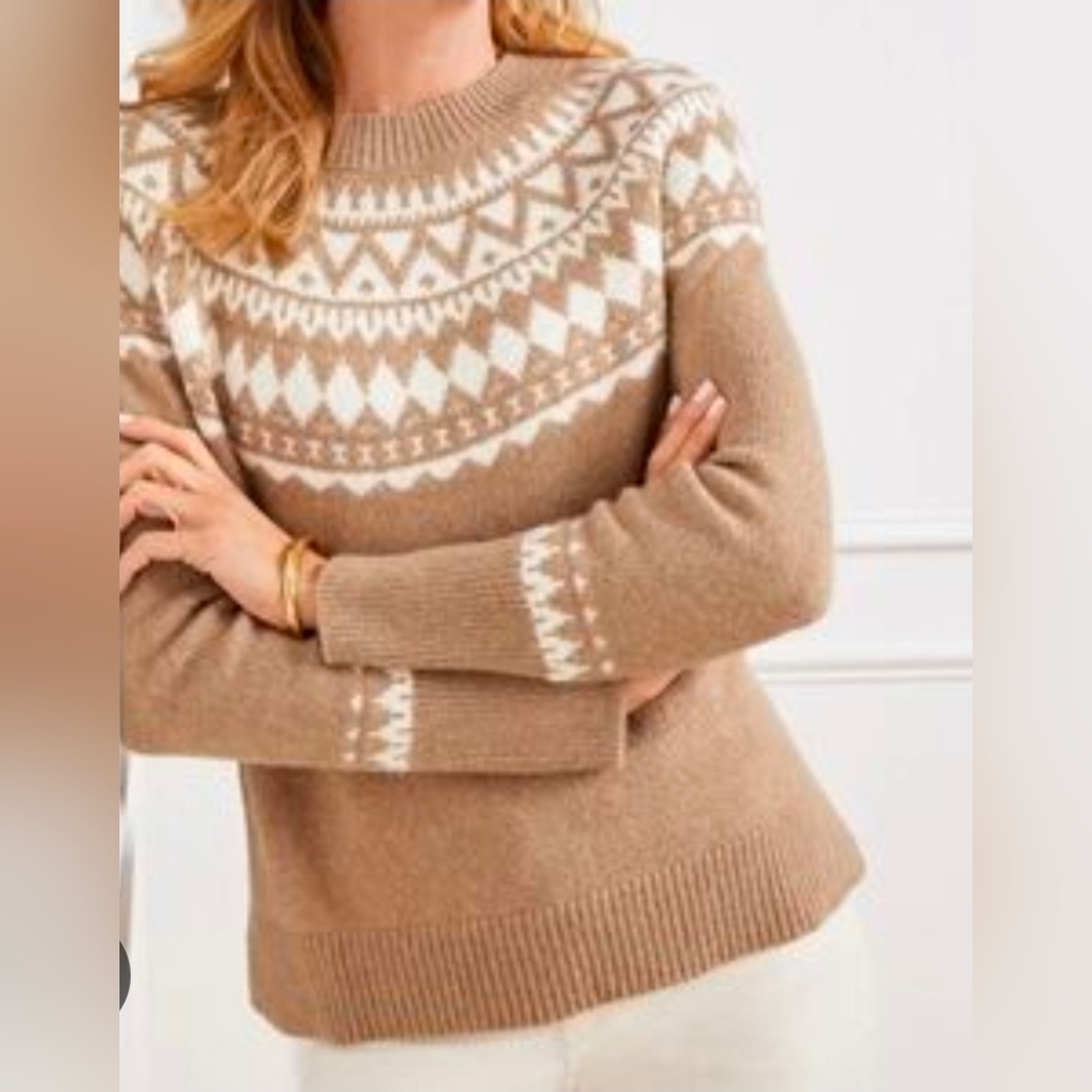Talbots Womans Crewneck Nordic Fair Isle Tan & Cream Wool Blend, LG